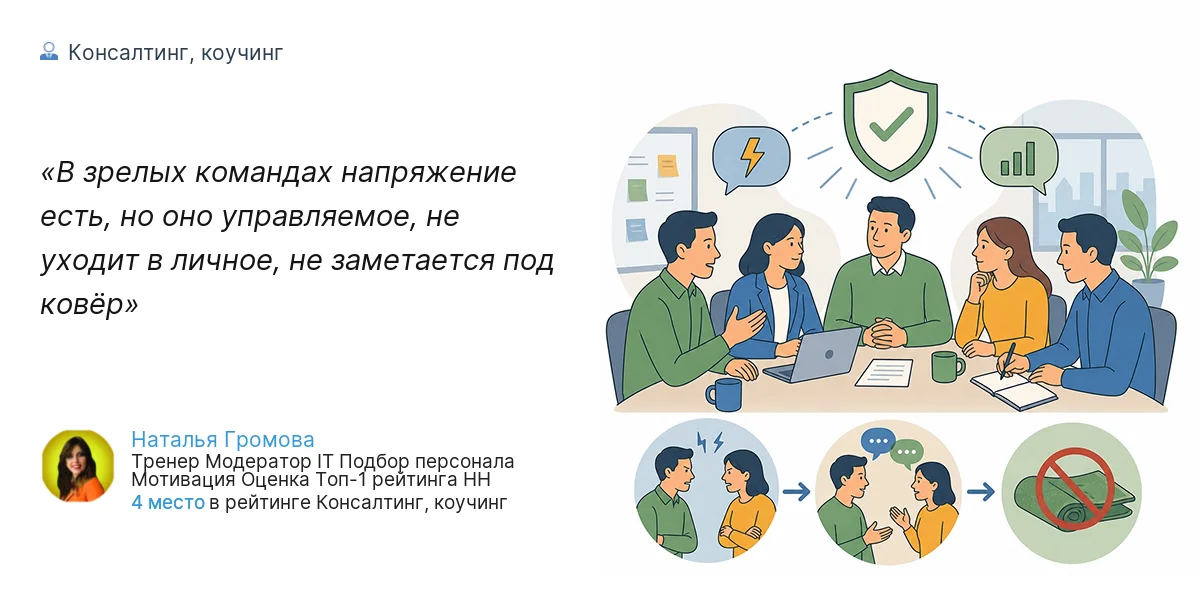 В зрелых командах напряжение есть, но оно управляемое, не уходит в личное, не заметается под ковёр