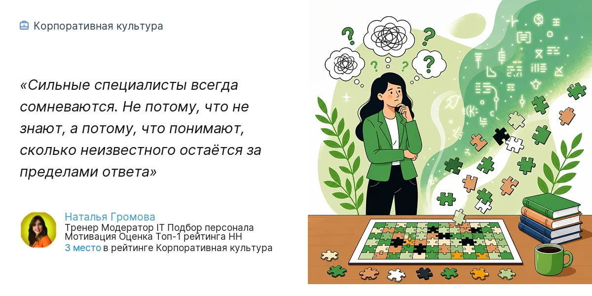 Сильные специалисты всегда сомневаются. Не потому, что не знают, а потому, что понимают, сколько неизвестного остаётся за пределами ответа