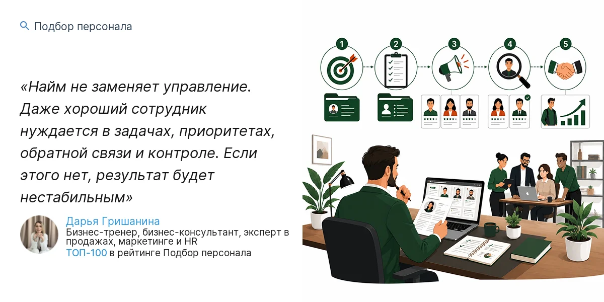 Найм не заменяет управление. Даже хороший сотрудник нуждается в задачах, приоритетах, обратной связи и контроле. Если этого нет, результат будет нестабильным
