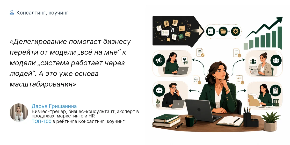 Делегирование помогает бизнесу перейти от модели „всё на мне“ к модели „система работает через людей“. А это уже основа масштабирования
