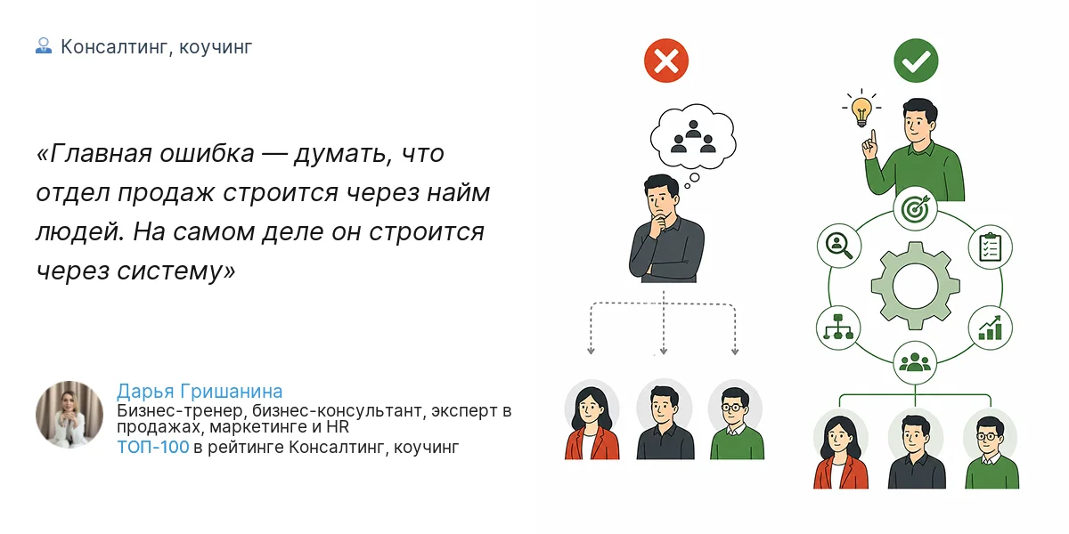 Главная ошибка — думать, что отдел продаж строится через найм людей. На самом деле он строится через систему