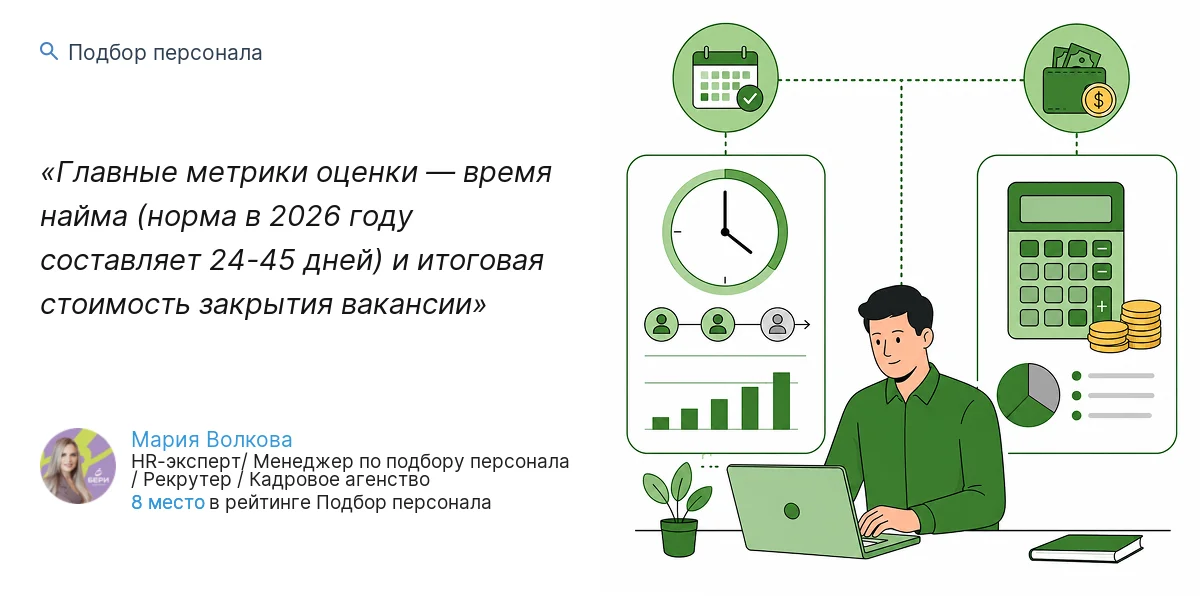 Главные метрики оценки — время найма (норма в 2026 году составляет 24-45 дней) и итоговая стоимость закрытия вакансии