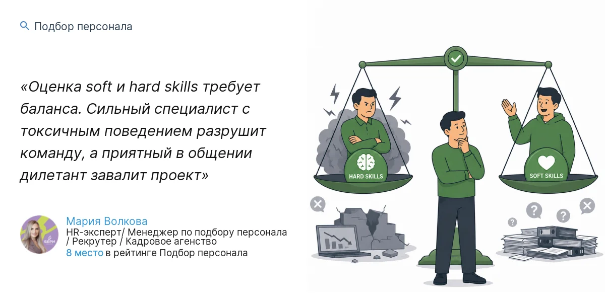 Оценка soft и hard skills требует баланса. Сильный специалист с токсичным поведением разрушит команду, а приятный в общении дилетант завалит проект