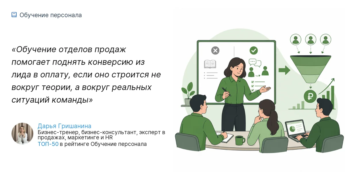 Обучение отделов продаж помогает поднять конверсию из лида в оплату, если оно строится не вокруг теории, а вокруг реальных ситуаций команды