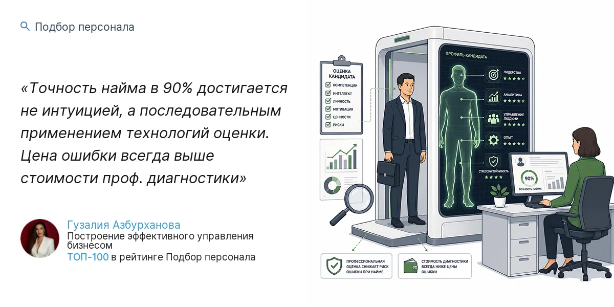 Точность найма в 90% достигается не интуицией, а последовательным применением технологий оценки. Цена ошибки всегда выше стоимости проф. диагностики