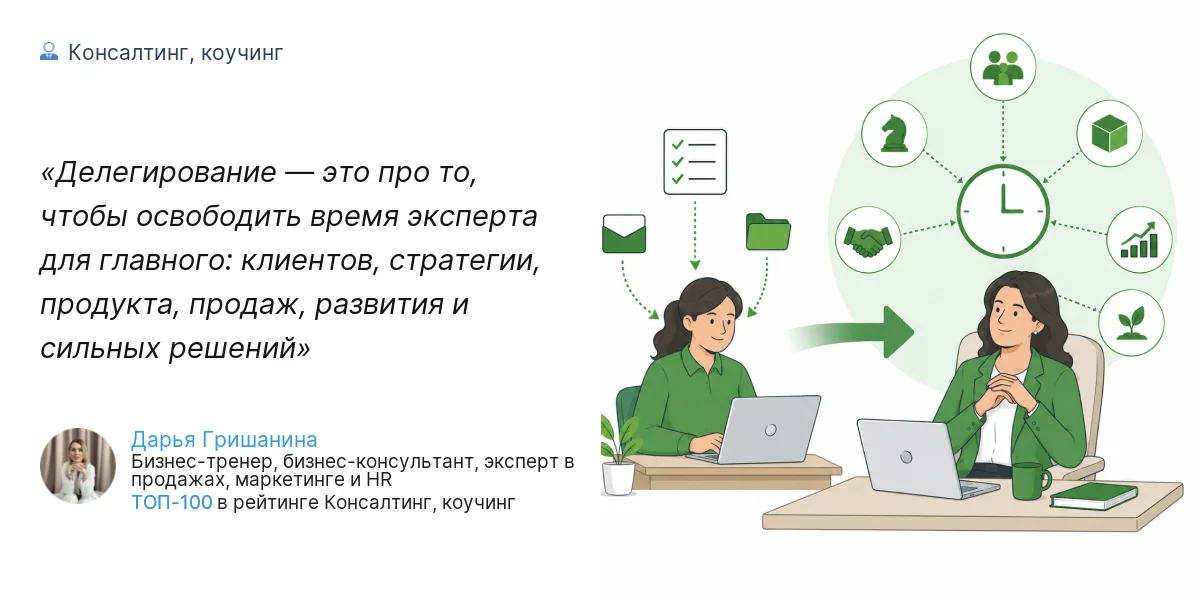 Делегирование — это про то, чтобы освободить время эксперта для главного: клиентов, стратегии, продукта, продаж, развития и сильных решений