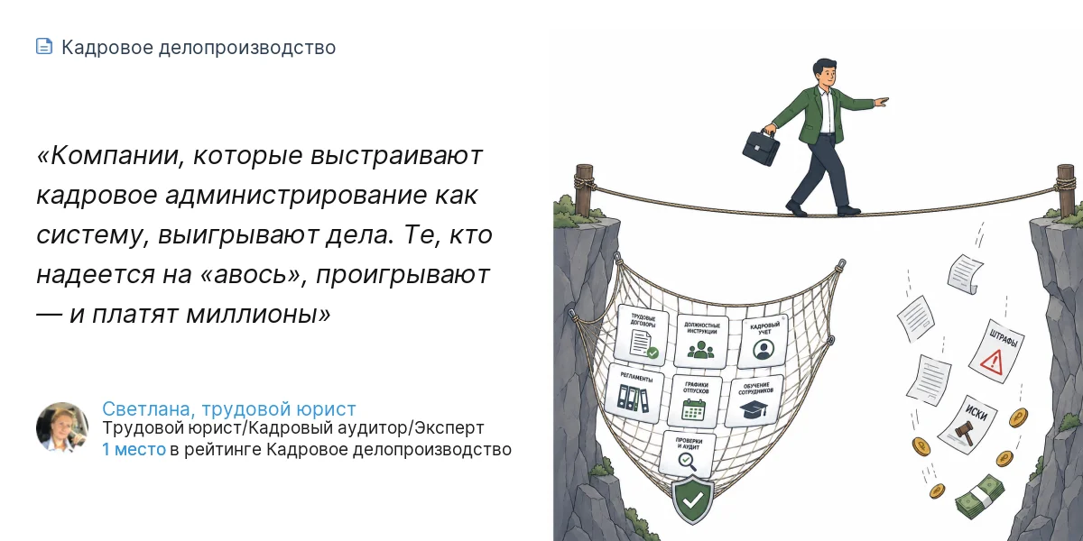 Компании, которые выстраивают кадровое администрирование как систему, выигрывают дела. Те, кто надеется на «авось», проигрывают — и платят миллионы