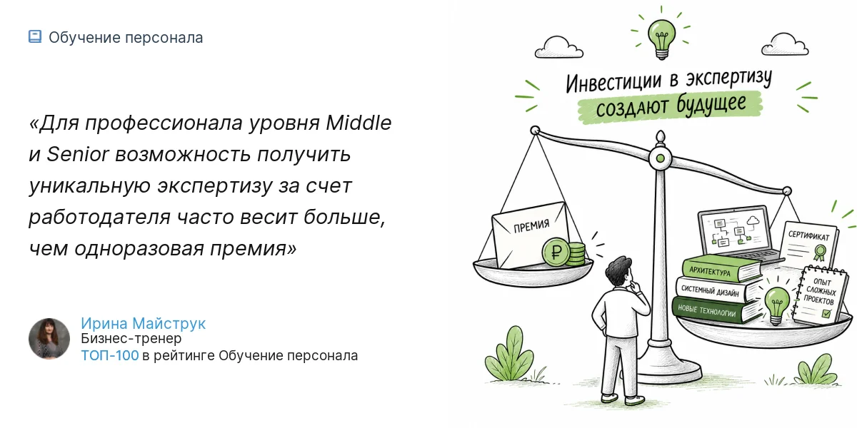 Для профессионала уровня Middle и Senior возможность получить уникальную экспертизу за счет работодателя часто весит больше, чем одноразовая премия