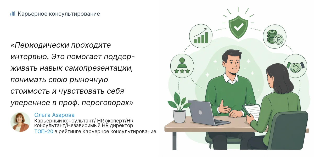 Периодически проходите интервью. Это помогает поддер- живать навык самопрезентации, понимать свою рыночную стоимость и чувствовать себя увереннее в проф. переговорах