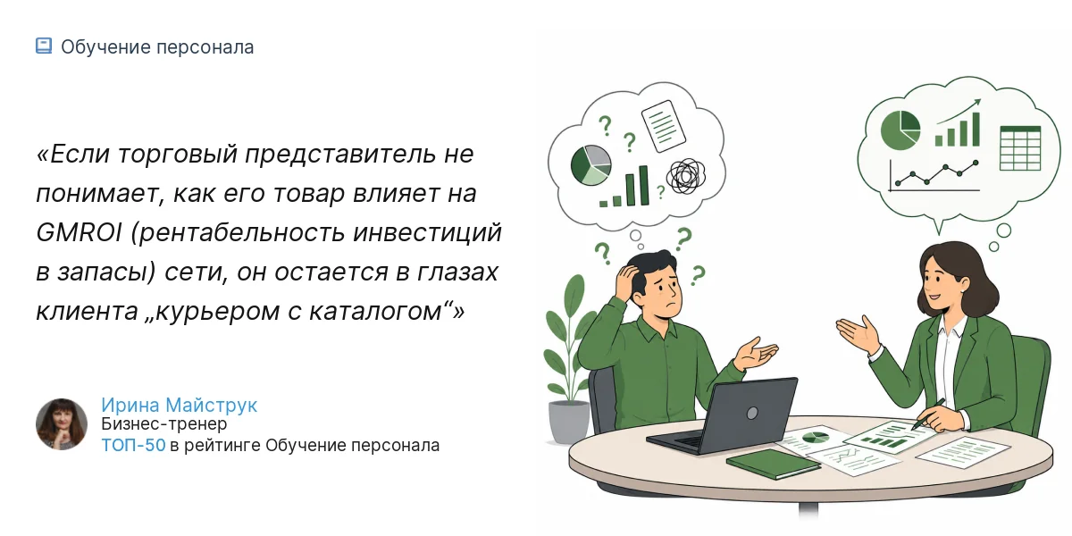 Если торговый представитель не понимает, как его товар влияет на GMROI (рентабельность инвестиций в запасы) сети, он остается в глазах клиента „курьером с каталогом“