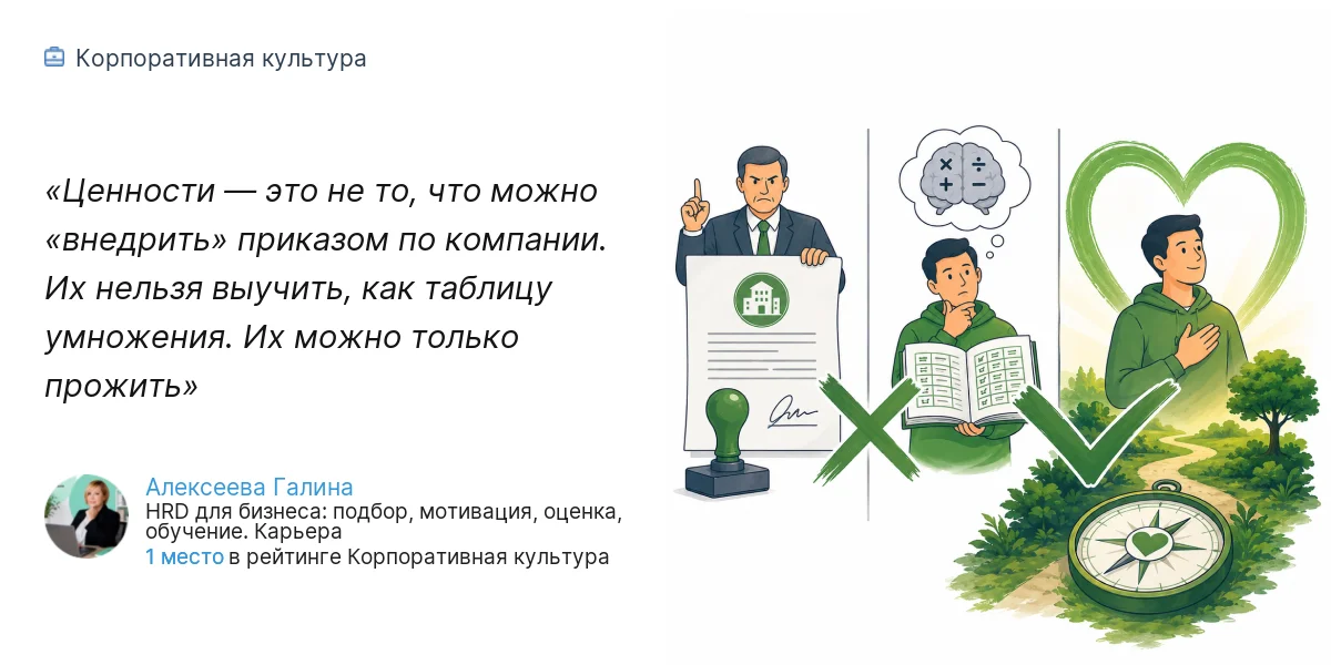 Ценности — это не то, что можно «внедрить» приказом по компании. Их нельзя выучить, как таблицу умножения. Их можно только прожить