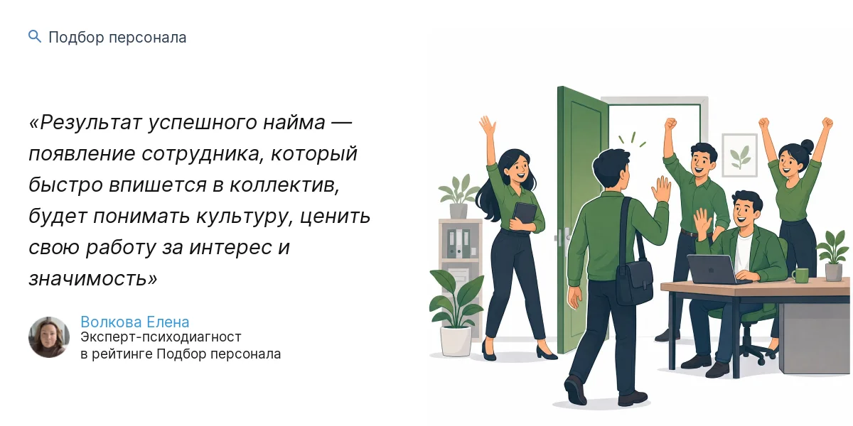 Результат успешного найма — появление сотрудника, который быстро впишется в коллектив, будет понимать культуру, ценить свою работу за интерес и значимость