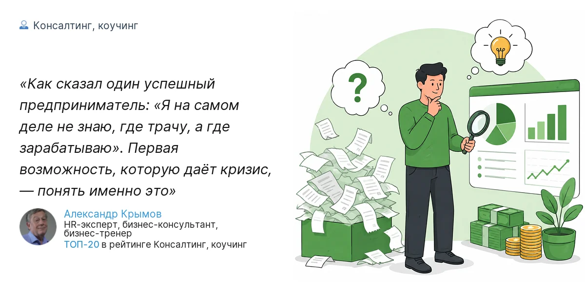 Как сказал один успешный предприниматель: «Я на самом деле не знаю, где трачу, а где зарабатываю». Первая возможность, которую даёт кризис, — понять именно это