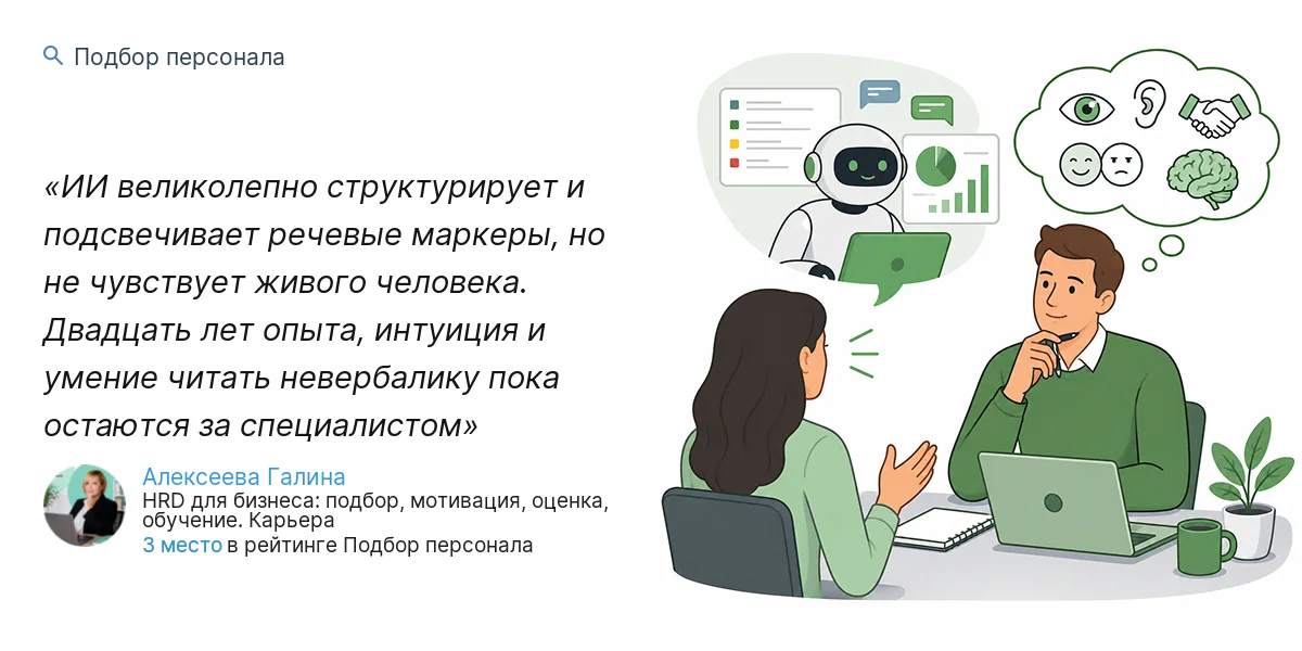 ИИ великолепно структурирует и подсвечивает речевые маркеры, но не чувствует живого человека. Двадцать лет опыта, интуиция и умение читать невербалику пока остаются за специалистом