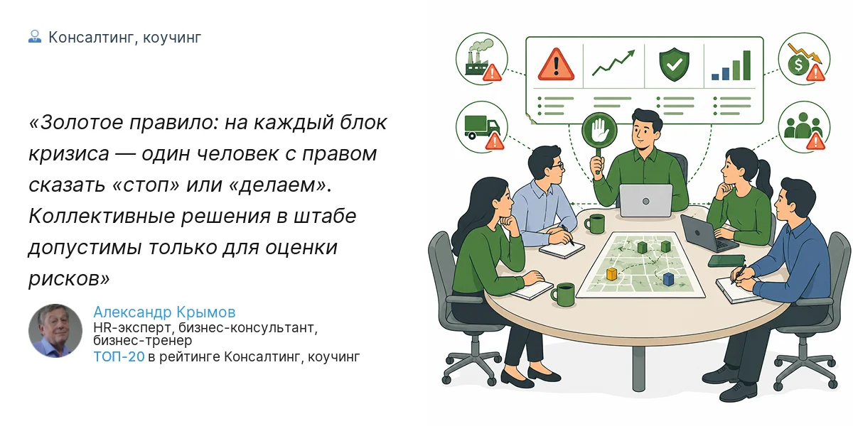 Золотое правило: на каждый блок кризиса — один человек с правом сказать «стоп» или «делаем». Коллективные решения в штабе допустимы только для оценки рисков