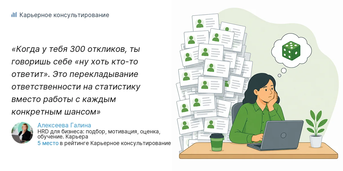 Когда у тебя 300 откликов, ты говоришь себе «ну хоть кто-то ответит». Это перекладывание ответственности на статистику вместо работы с каждым конкретным шансом