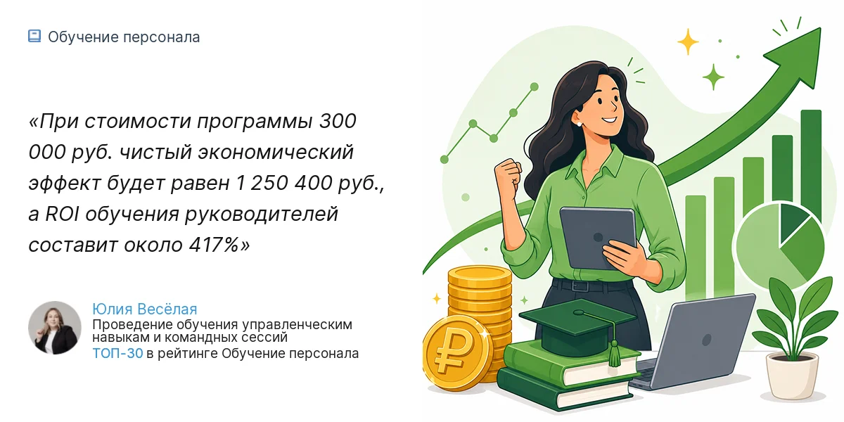 При стоимости программы 300 000 руб. чистый экономический эффект будет равен 1 250 400 руб., а ROI обучения руководителей составит около 417%