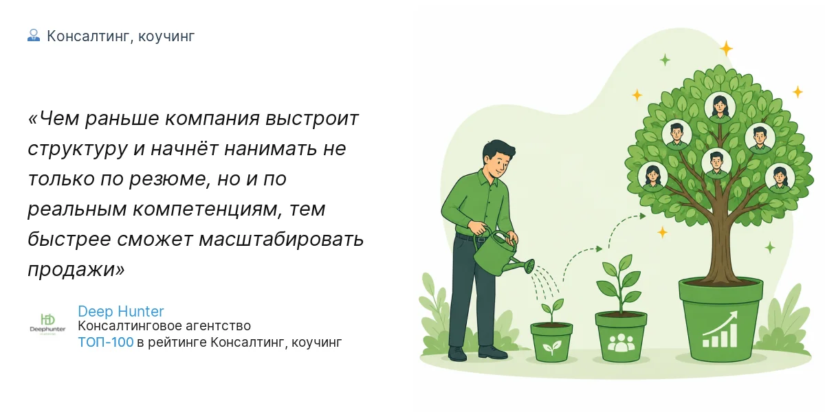 Чем раньше компания выстроит структуру и начнёт нанимать не только по резюме, но и по реальным компетенциям, тем быстрее сможет масштабировать продажи