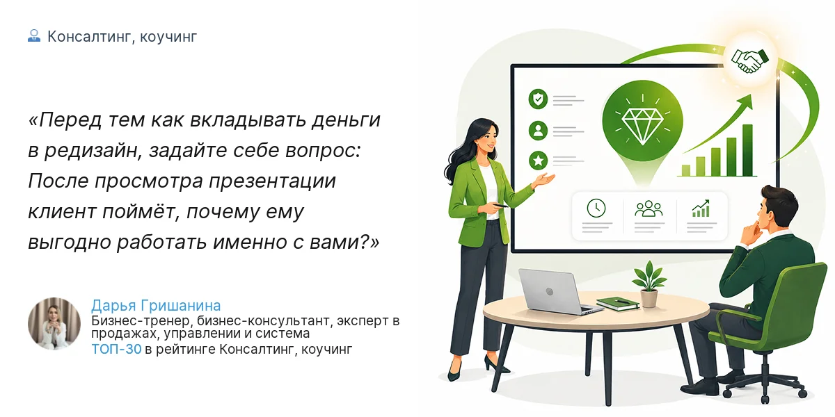 Перед тем как вкладывать деньги в редизайн, задайте себе вопрос: После просмотра презентации клиент поймёт, почему ему выгодно работать именно с вами?