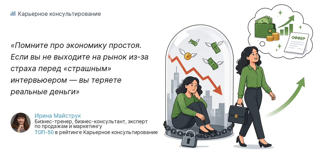 Помните про экономику простоя. Если вы не выходите на рынок из-за страха перед «страшным» интервьюером — вы теряете реальные деньги