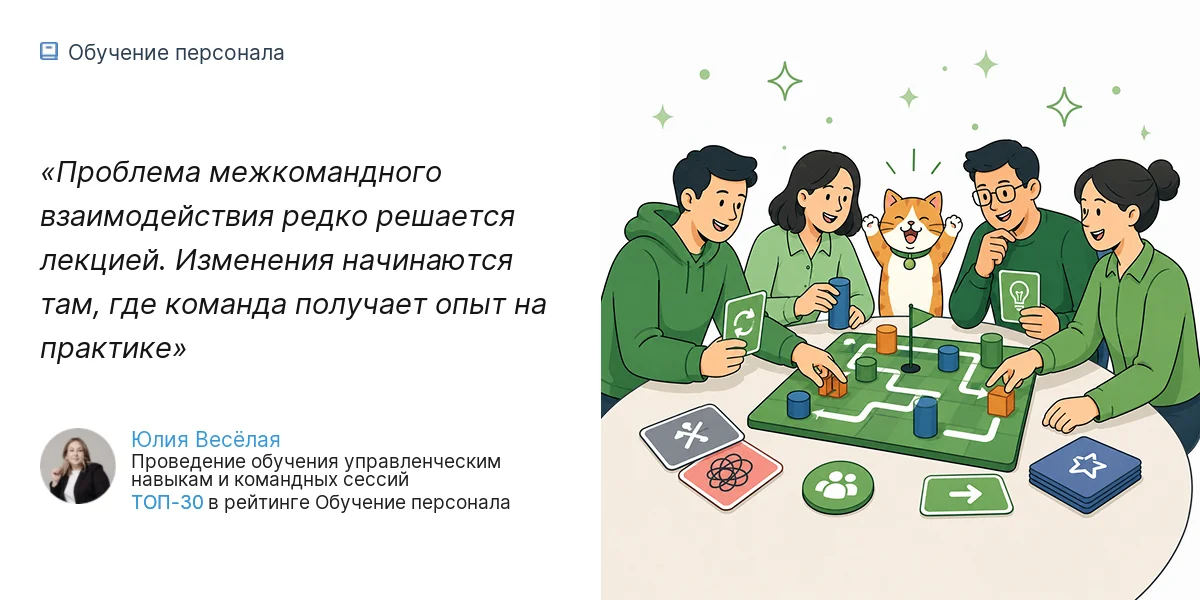 Проблема межкомандного взаимодействия редко решается лекцией. Изменения начинаются там, где команда получает опыт на практике