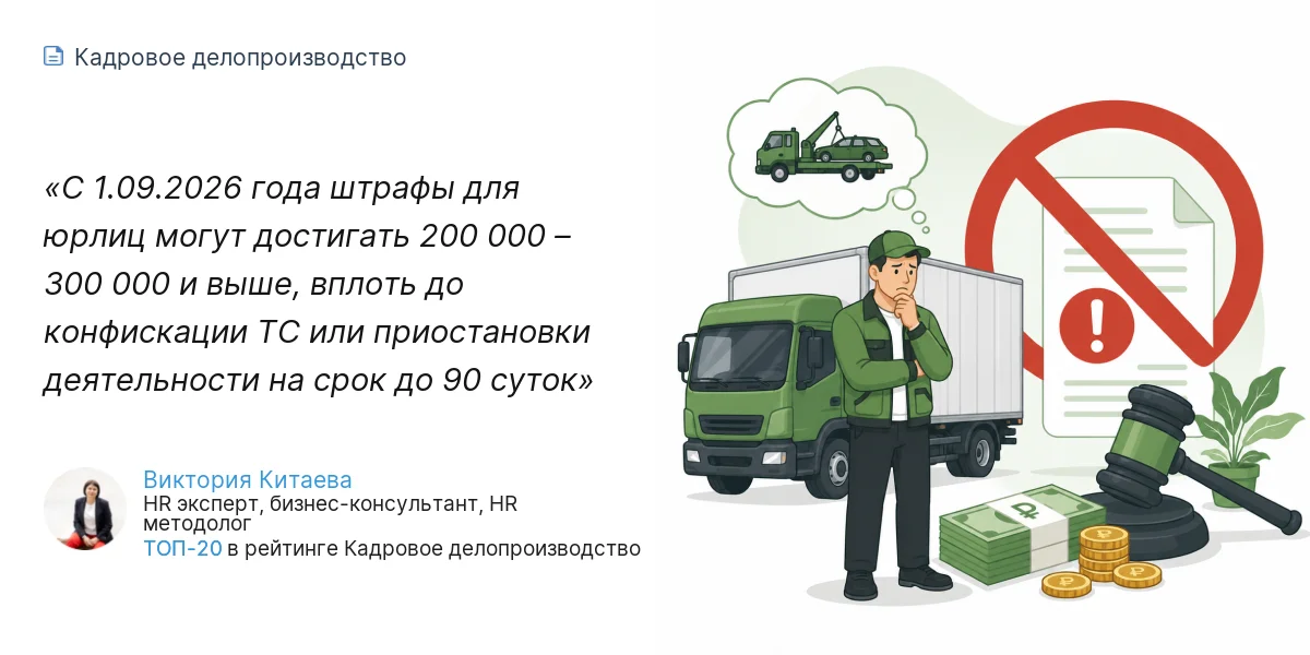 С 1.09.2026 года штрафы для юрлиц могут достигать 200 000 – 300 000 и выше, вплоть до конфискации ТС или приостановки деятельности на срок до 90 суток