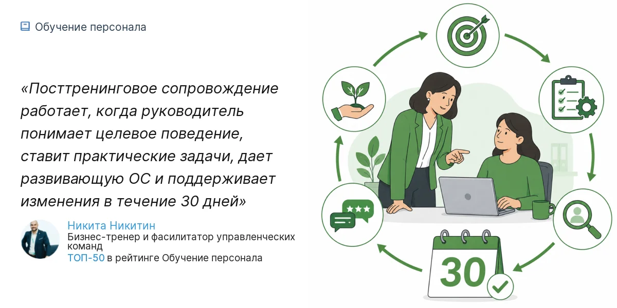 Посттренинговое сопровождение работает, когда руководитель понимает целевое поведение, ставит практические задачи, дает развивающую ОС и поддерживает изменения в течение 30 дней