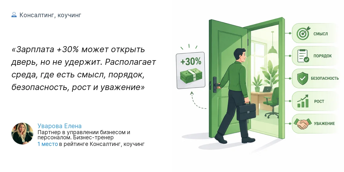 Зарплата +30% может открыть дверь, но не удержит. Располагает среда, где есть смысл, порядок, безопасность, рост и уважение