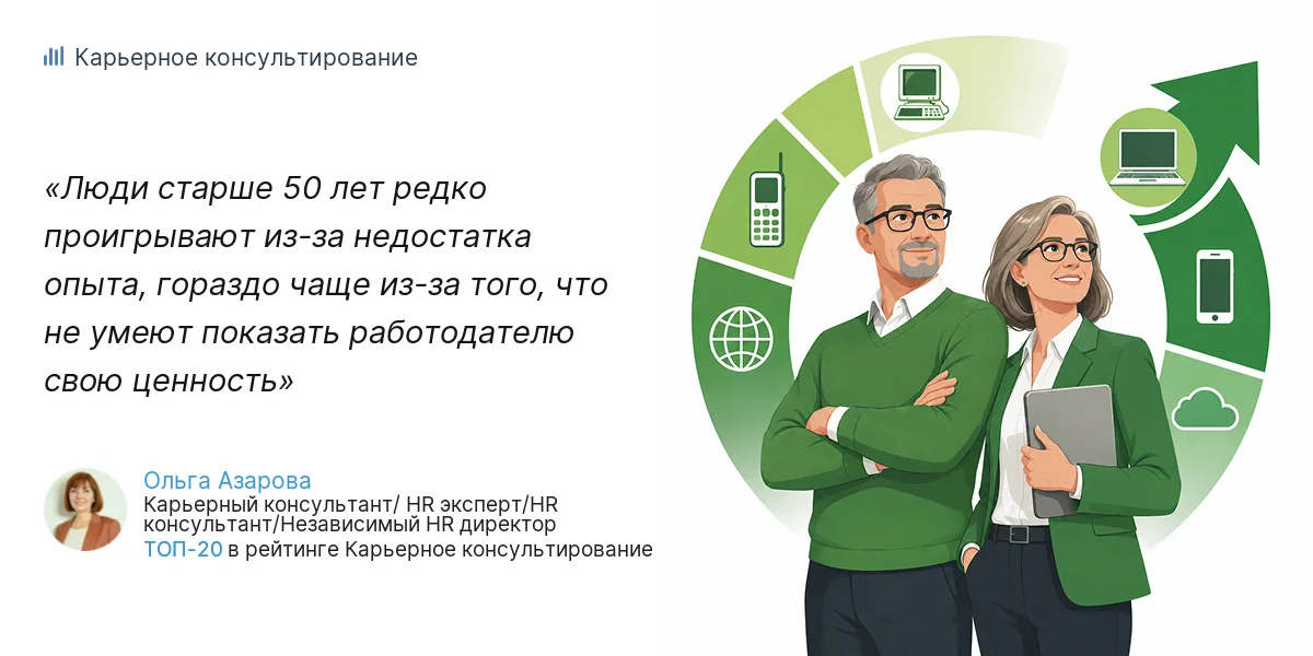 Люди старше 50 лет редко проигрывают из-за недостатка опыта, гораздо чаще из-за того, что не умеют показать работодателю свою ценность