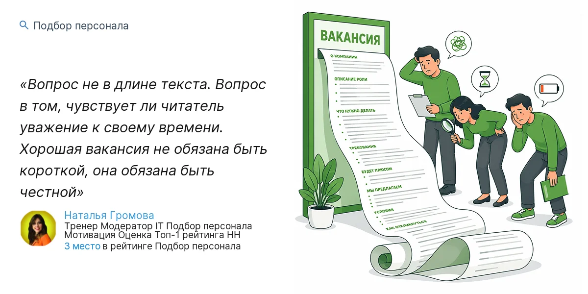 Вопрос не в длине текста. Вопрос в том, чувствует ли читатель уважение к своему времени. Хорошая вакансия не обязана быть короткой, она обязана быть честной