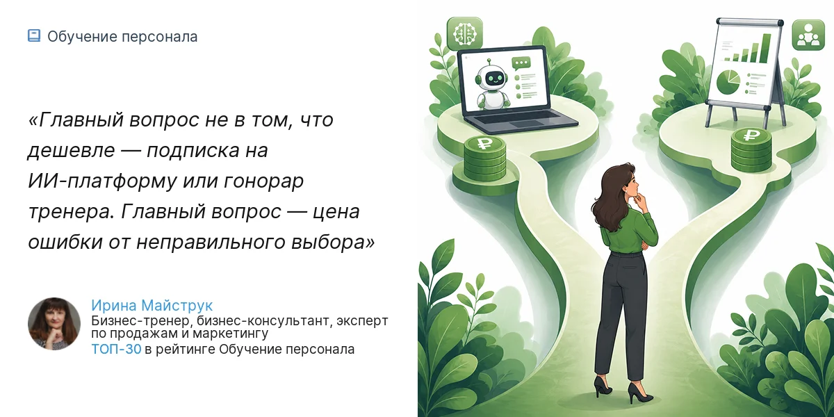 Главный вопрос не в том, что дешевле — подписка на ИИ-платформу или гонорар тренера. Главный вопрос — цена ошибки от неправильного выбора