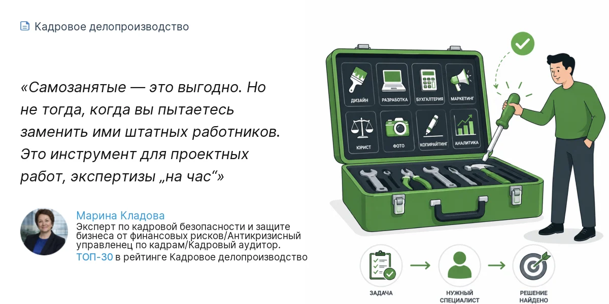 Самозанятые — это выгодно. Но не тогда, когда вы пытаетесь заменить ими штатных работников. Это инструмент для проектных работ, экспертизы „на час“