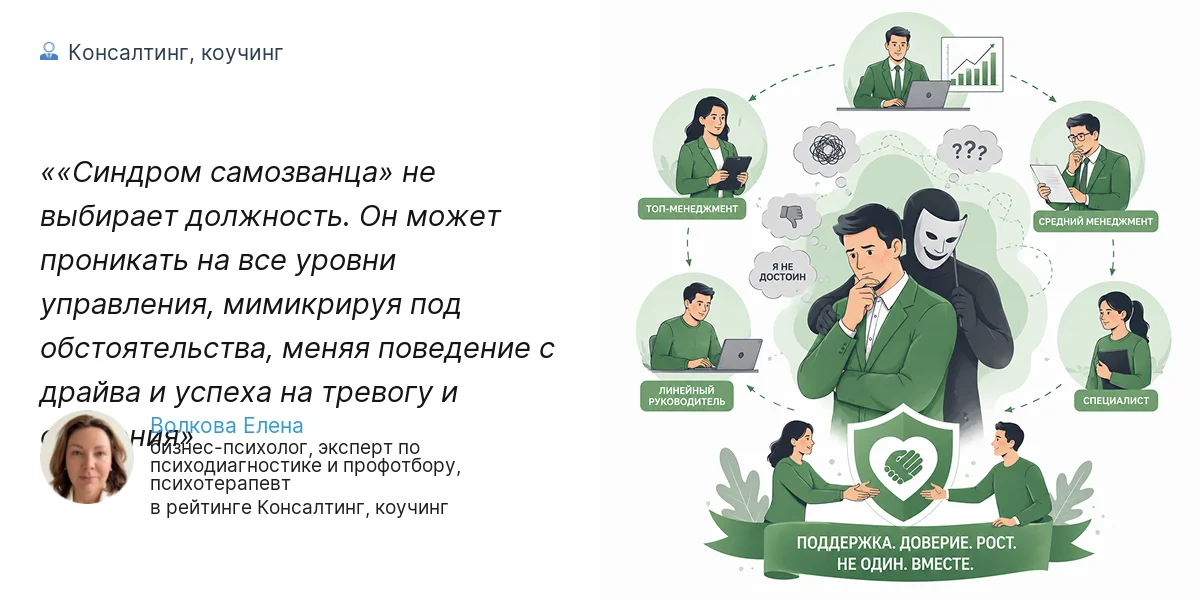 «Синдром самозванца» не выбирает должность. Он может проникать на все уровни управления, мимикрируя под обстоятельства, меняя поведение с драйва и успеха на тревогу и сомнения