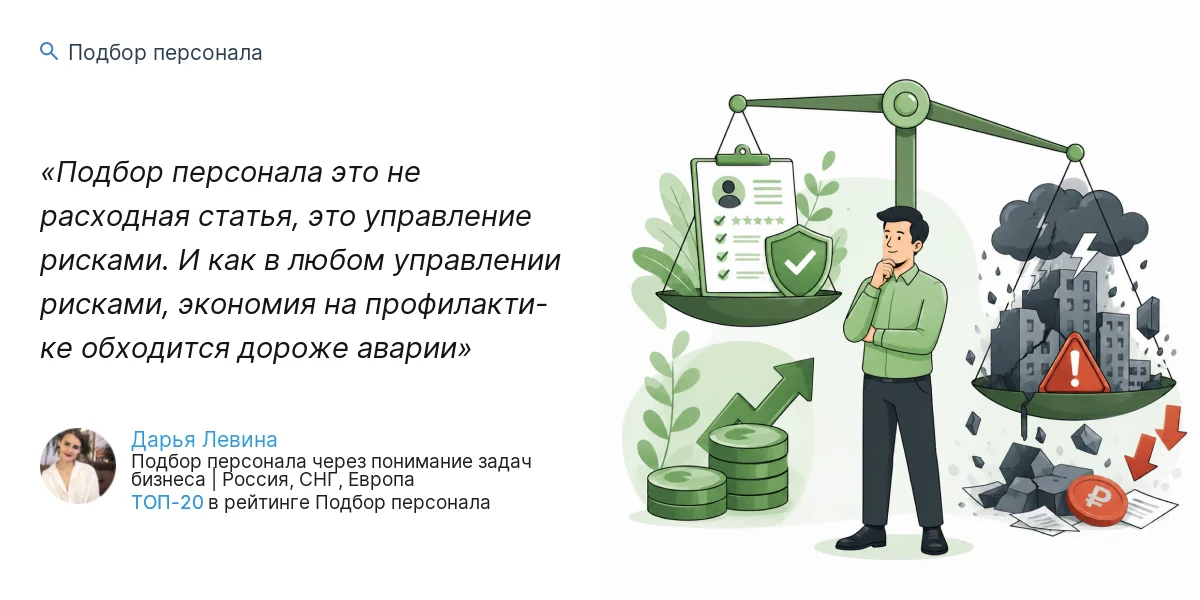 Подбор персонала это не расходная статья, это управление рисками. И как в любом управлении рисками, экономия на профилакти- ке обходится дороже аварии