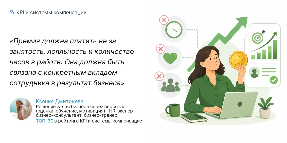 Премия должна платить не за занятость, лояльность и количество часов в работе. Она должна быть связана с конкретным вкладом сотрудника в результат бизнеса