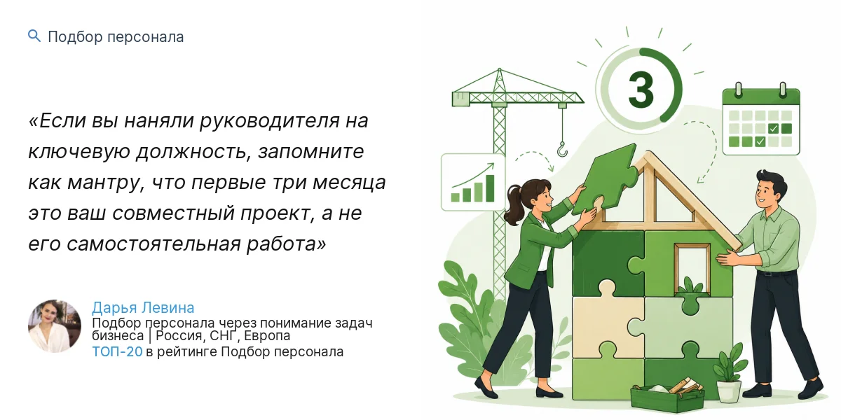 Если вы наняли руководителя на ключевую должность, запомните как мантру, что первые три месяца это ваш совместный проект, а не его самостоятельная работа