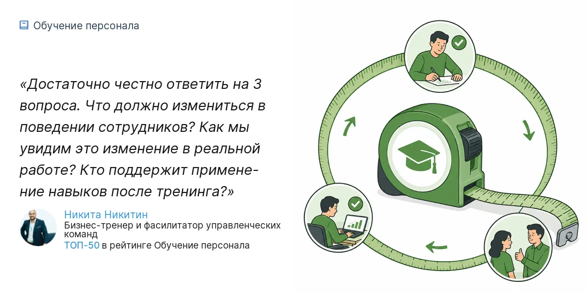 Достаточно честно ответить на 3 вопроса. Что должно измениться в поведении сотрудников? Как мы увидим это изменение в реальной работе? Кто поддержит примене- ние навыков после тренинга?