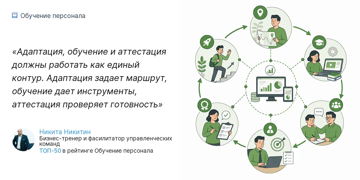 Адаптация, обучение и аттестация должны работать как единый контур. Адаптация задает маршрут, обучение дает инструменты, аттестация проверяет готовность