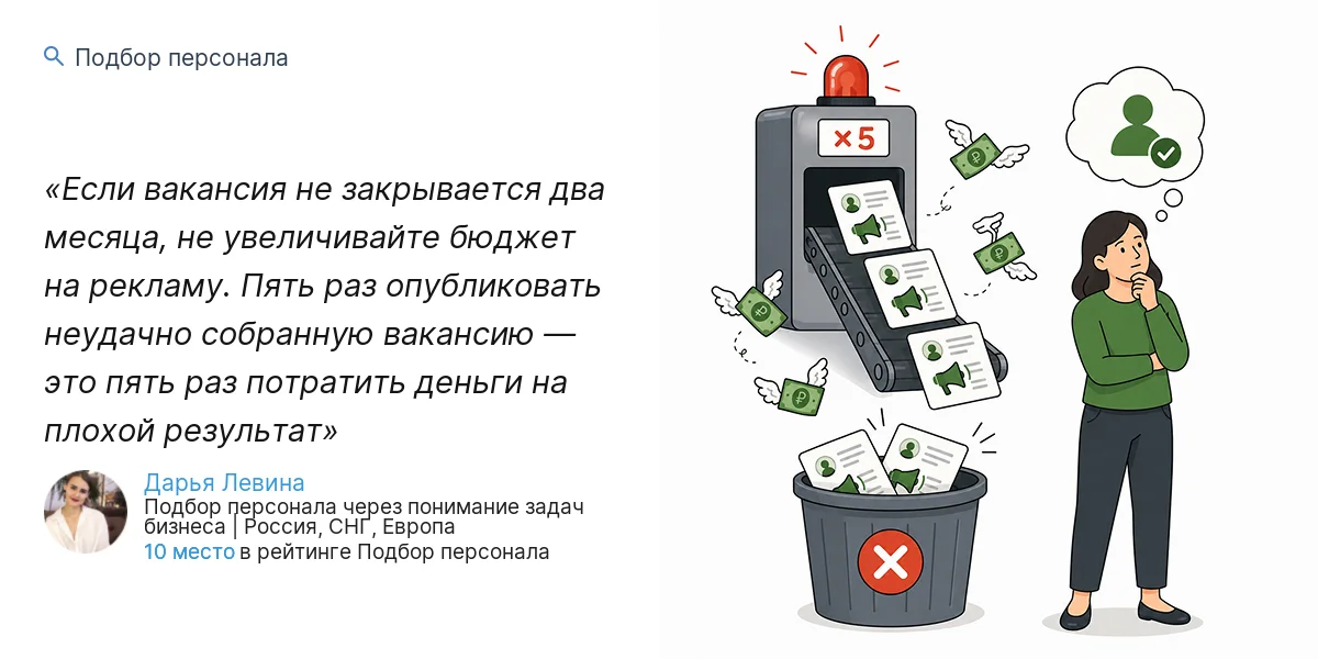 Если вакансия не закрывается два месяца, не увеличивайте бюджет на рекламу. Пять раз опубликовать неудачно собранную вакансию — это пять раз потратить деньги на плохой результат