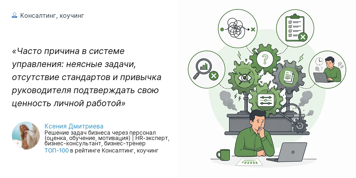 Часто причина в системе управления: неясные задачи, отсутствие стандартов и привычка руководителя подтверждать свою ценность личной работой
