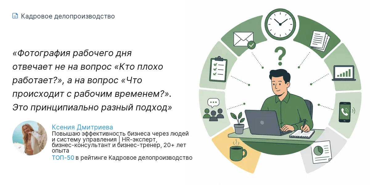 Фотография рабочего дня отвечает не на вопрос «Кто плохо работает?», а на вопрос «Что происходит с рабочим временем?».  Это принципиально разный подход