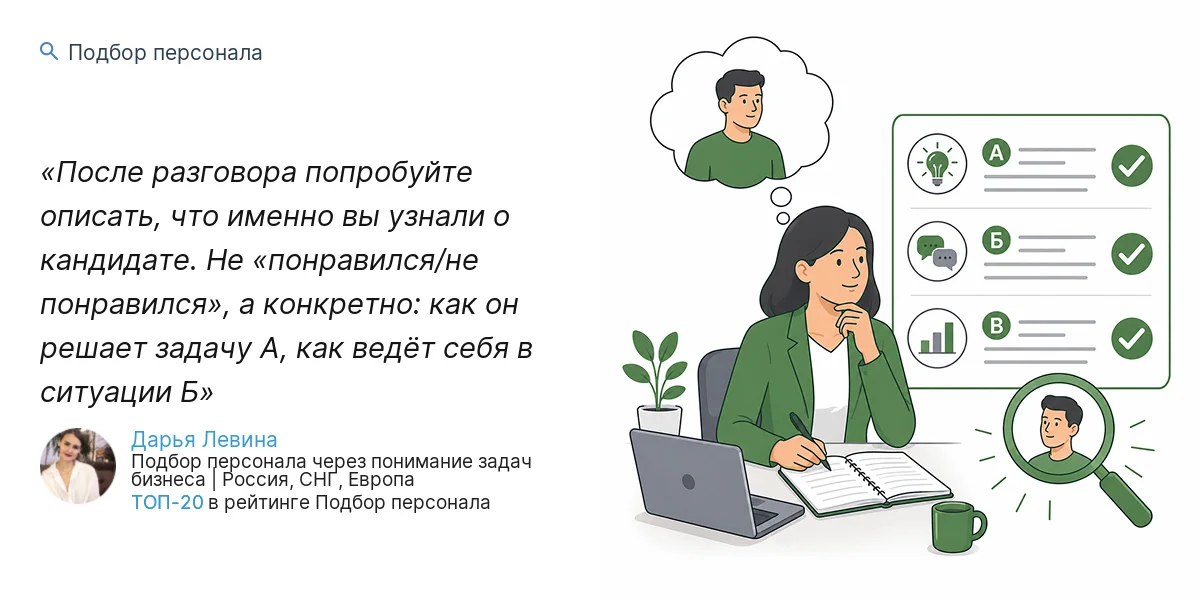 После разговора попробуйте описать, что именно вы узнали о кандидате. Не «понравился/не понравился», а конкретно: как он решает задачу А, как ведёт себя в ситуации Б