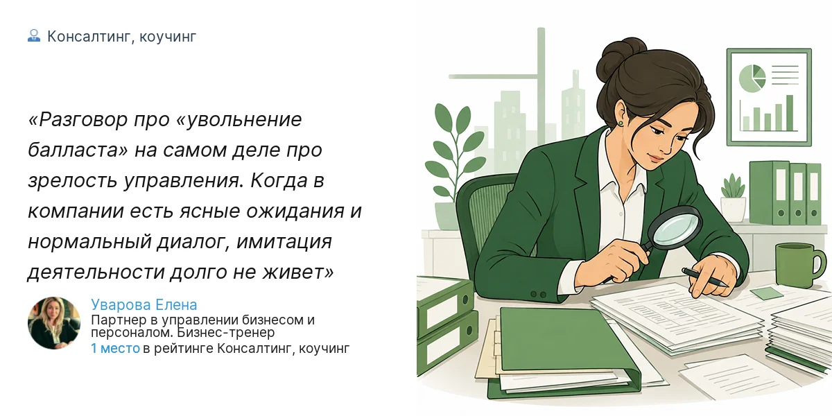 Разговор про «увольнение балласта» на самом деле про зрелость управления. Когда в компании есть ясные ожидания и нормальный диалог, имитация деятельности долго не живет