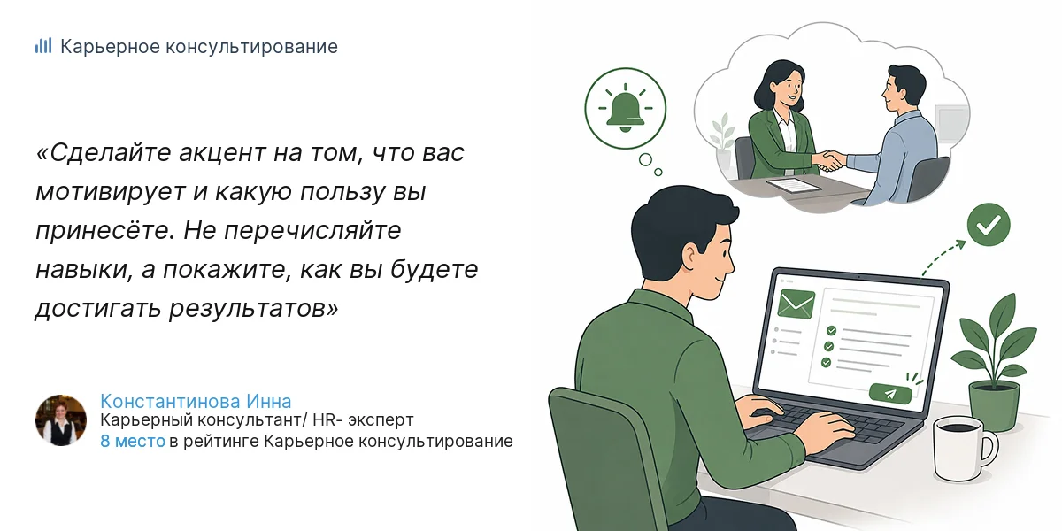 Сделайте акцент на том, что вас мотивирует и какую пользу вы принесёте. Не перечисляйте навыки, а покажите, как вы будете достигать результатов