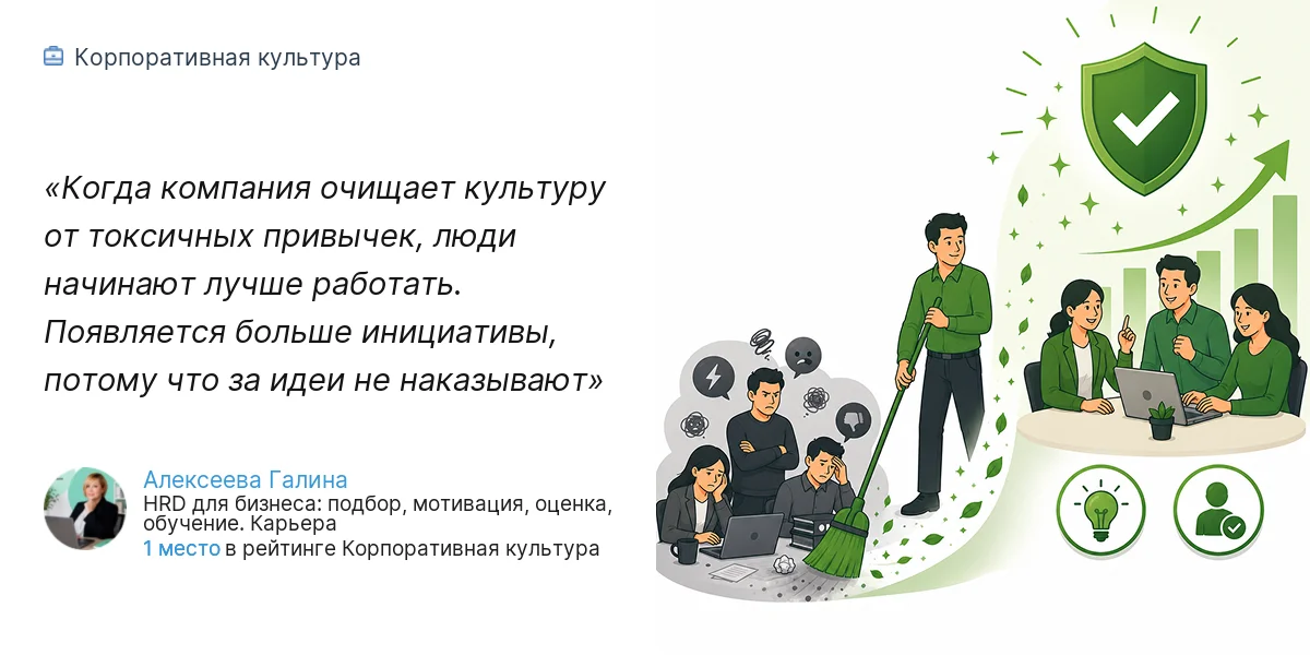 Когда компания очищает культуру от токсичных привычек, люди начинают лучше работать. Появляется больше инициативы, потому что за идеи не наказывают