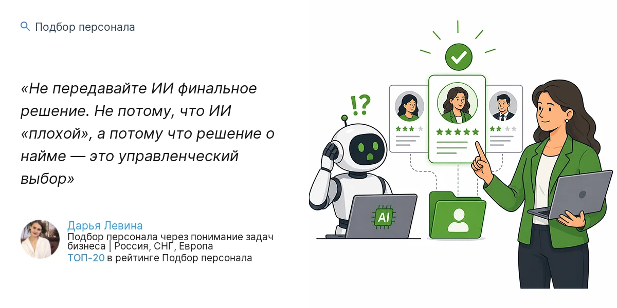 Не передавайте ИИ финальное решение. Не потому, что ИИ «плохой», а потому что решение о найме — это управленческий выбор