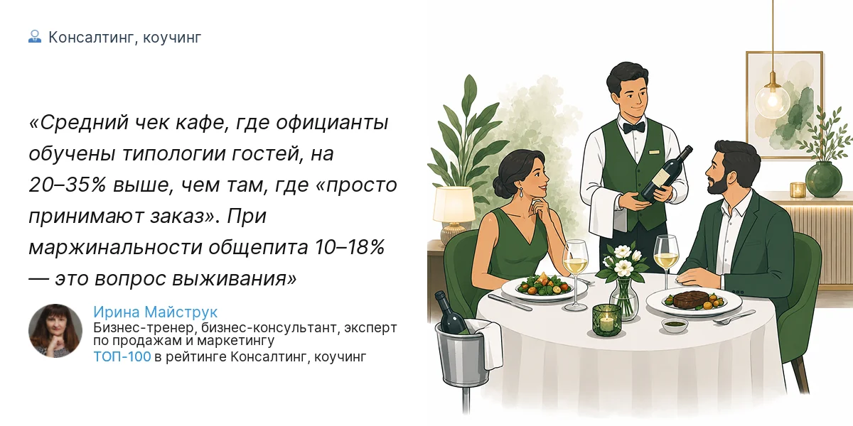 Средний чек кафе, где официанты обучены типологии гостей, на 20–35% выше, чем там, где «просто принимают заказ». При маржинальности общепита 10–18% — это вопрос выживания