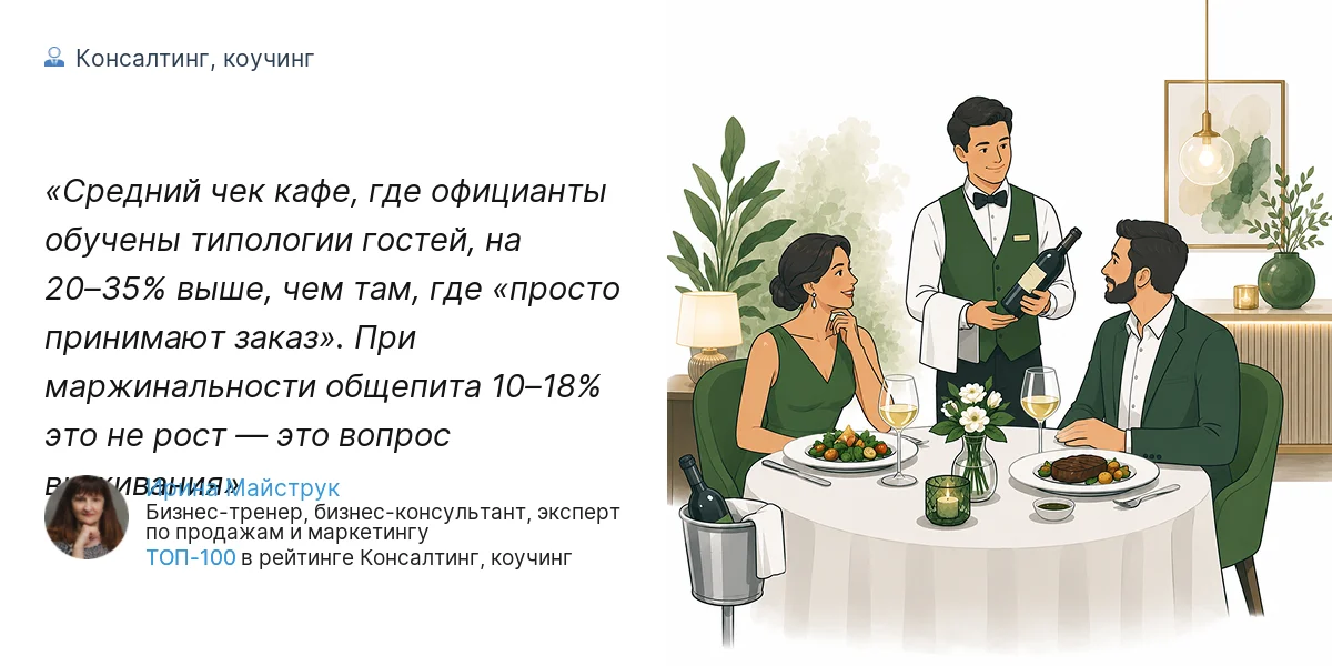 Средний чек кафе, где официанты обучены типологии гостей, на 20–35% выше, чем там, где «просто принимают заказ». При маржинальности общепита 10–18% это не рост — это вопрос выживания