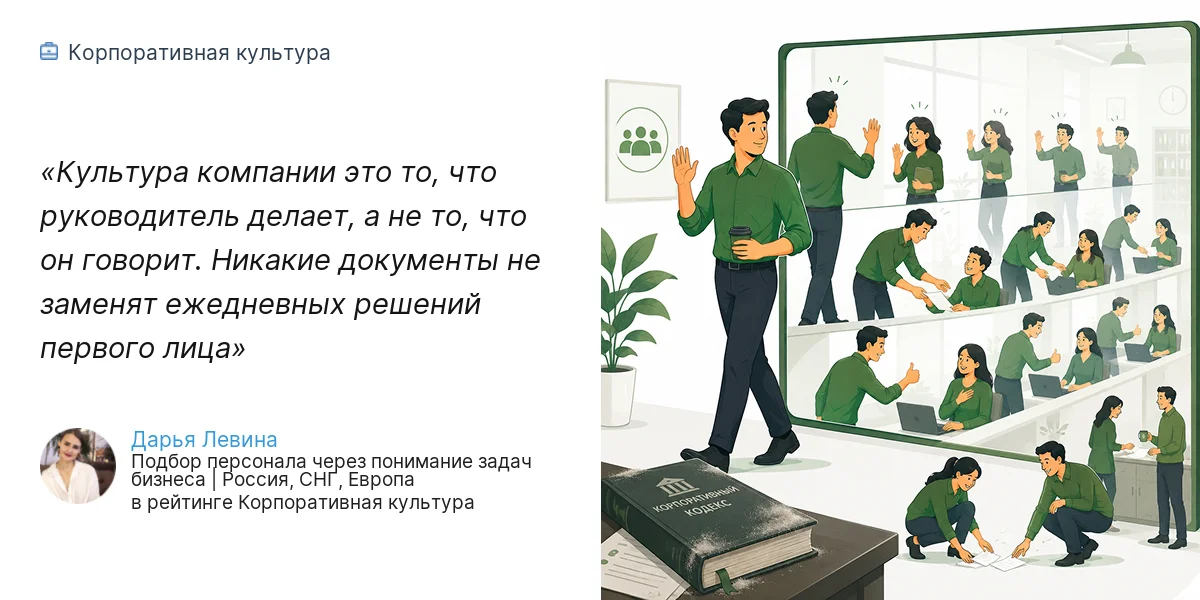 Культура компании это то, что руководитель делает, а не то, что он говорит. Никакие документы не заменят ежедневных решений первого лица