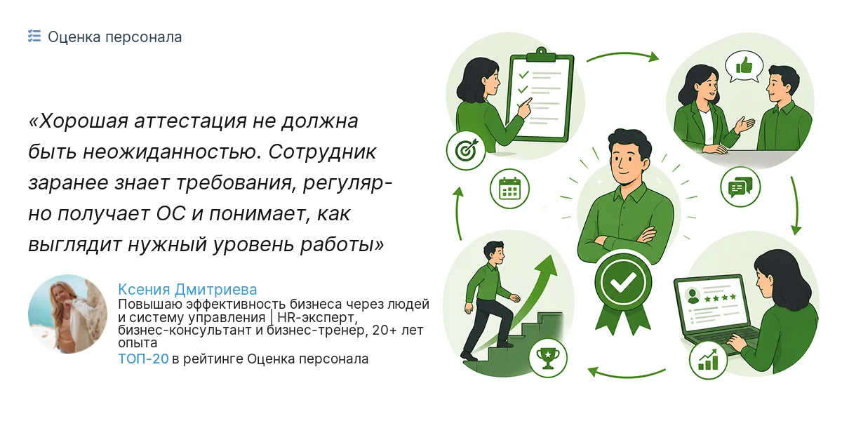 Хорошая аттестация не должна быть неожиданностью. Сотрудник заранее знает требования, регуляр- но получает ОС и понимает, как выглядит нужный уровень работы